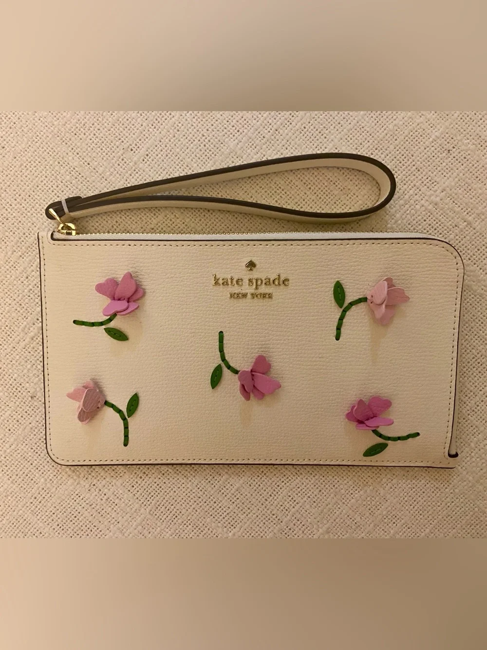 kate spade Lucy Leather Wristlet with 3D Pink Floral Appliqués